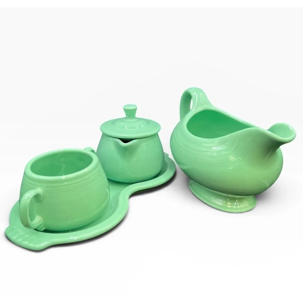 Vintage Fiesta Ware Green Creamer Sugar Bowl Tray Cup Set Fiestaware USA